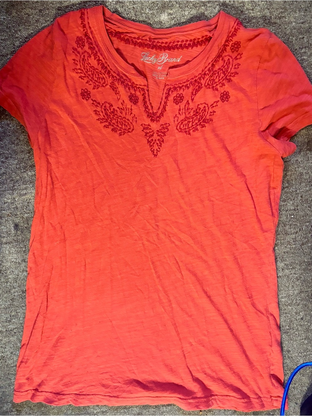Lucky Brand Women's Short Sleeve Embroidered Tee - Coral Red